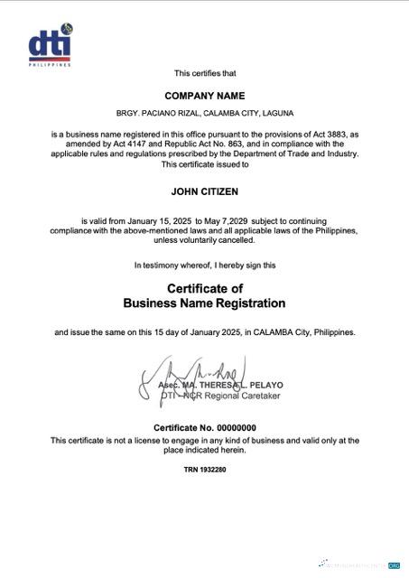 Philippines Calamba certificate of business name registration Word and PDF template